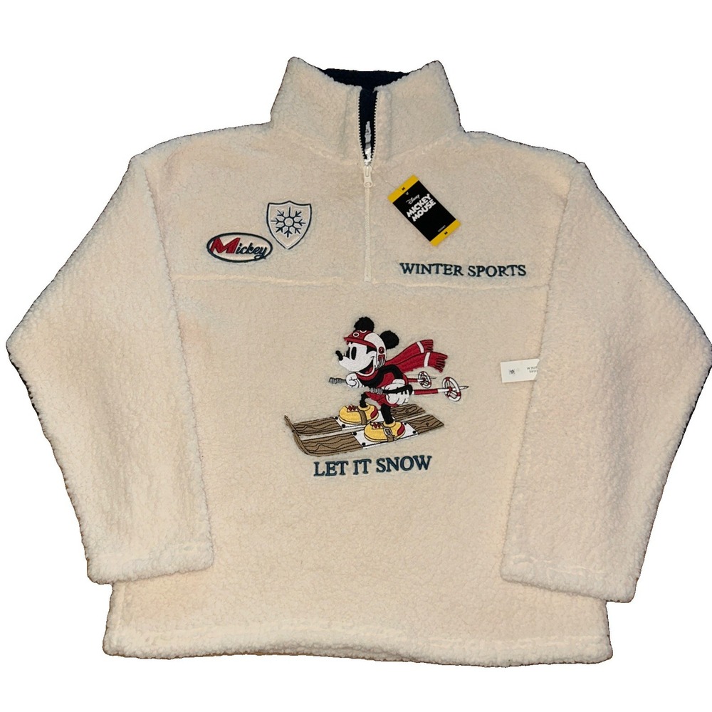 NWT Disney Mickey Mouse Pullover Women's M Off White Sherpa Fleece Skiing